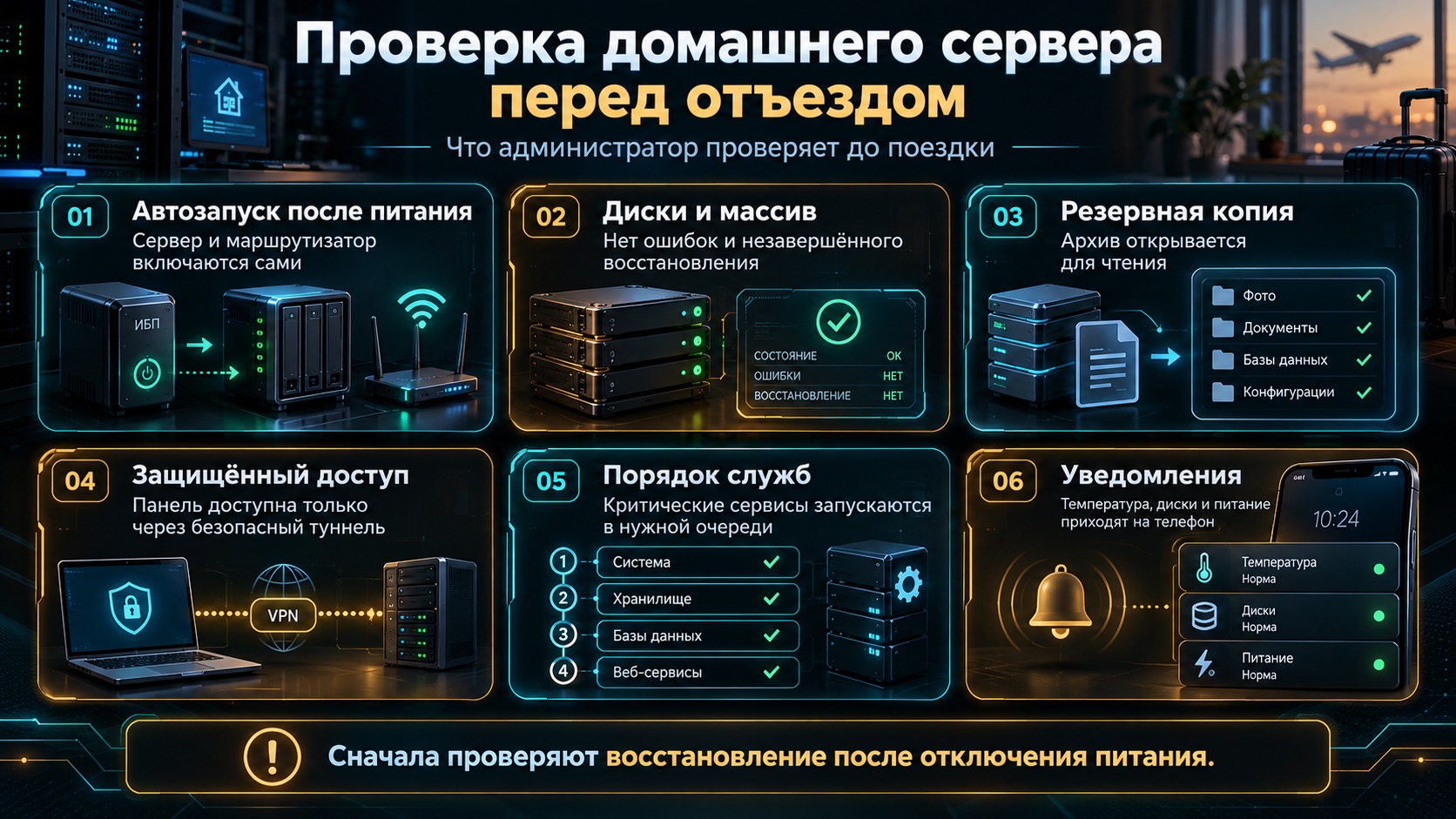 Проверка питания, дисков, резервных копий, защищённого доступа и уведомлений домашнего сервера.