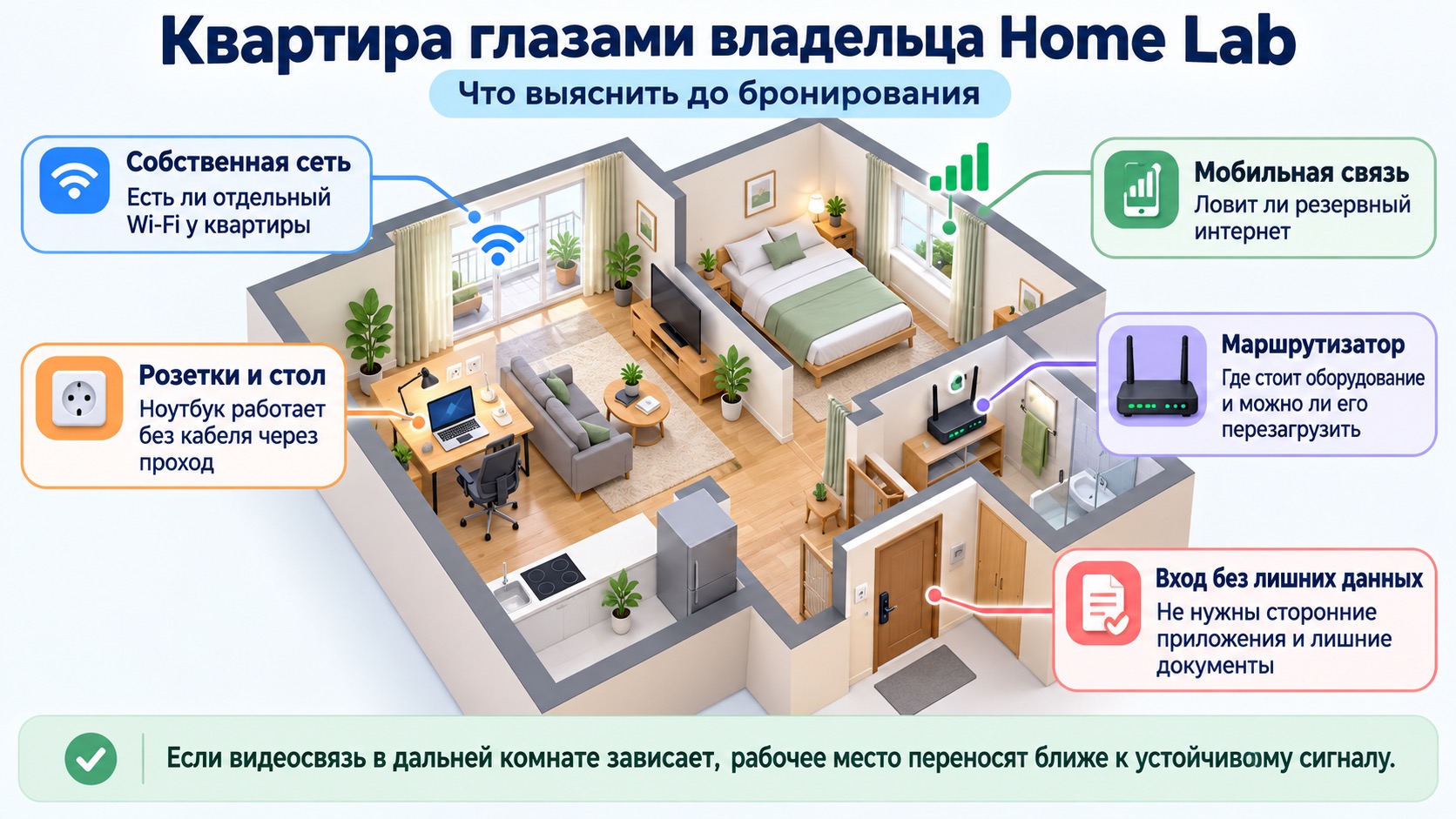 Проверка беспроводной сети, мобильной связи, розеток и маршрутизатора в съёмной квартире.